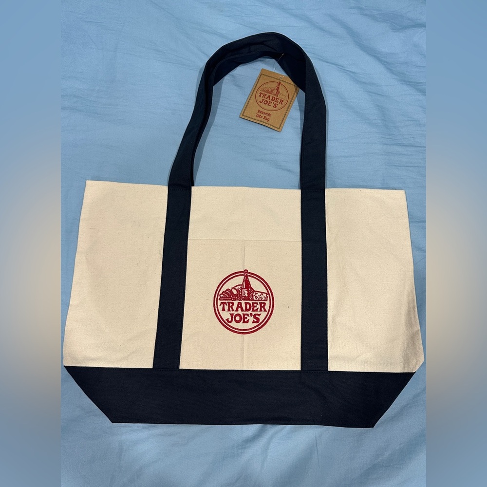 Trader Joes Reusable Canvas Eco Tote Bag Heavy Duty Bag Blue White NWT